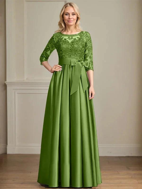 A-line Scoop Illusion Floor-Length Satin Lace Mother of the Bride Dress With Sequins Bow by Dreamylily
