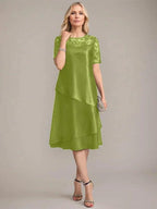 A-Line Scoop Knee-Length Mother of the Bride Dress With Applique & Sequins by Dreamylily