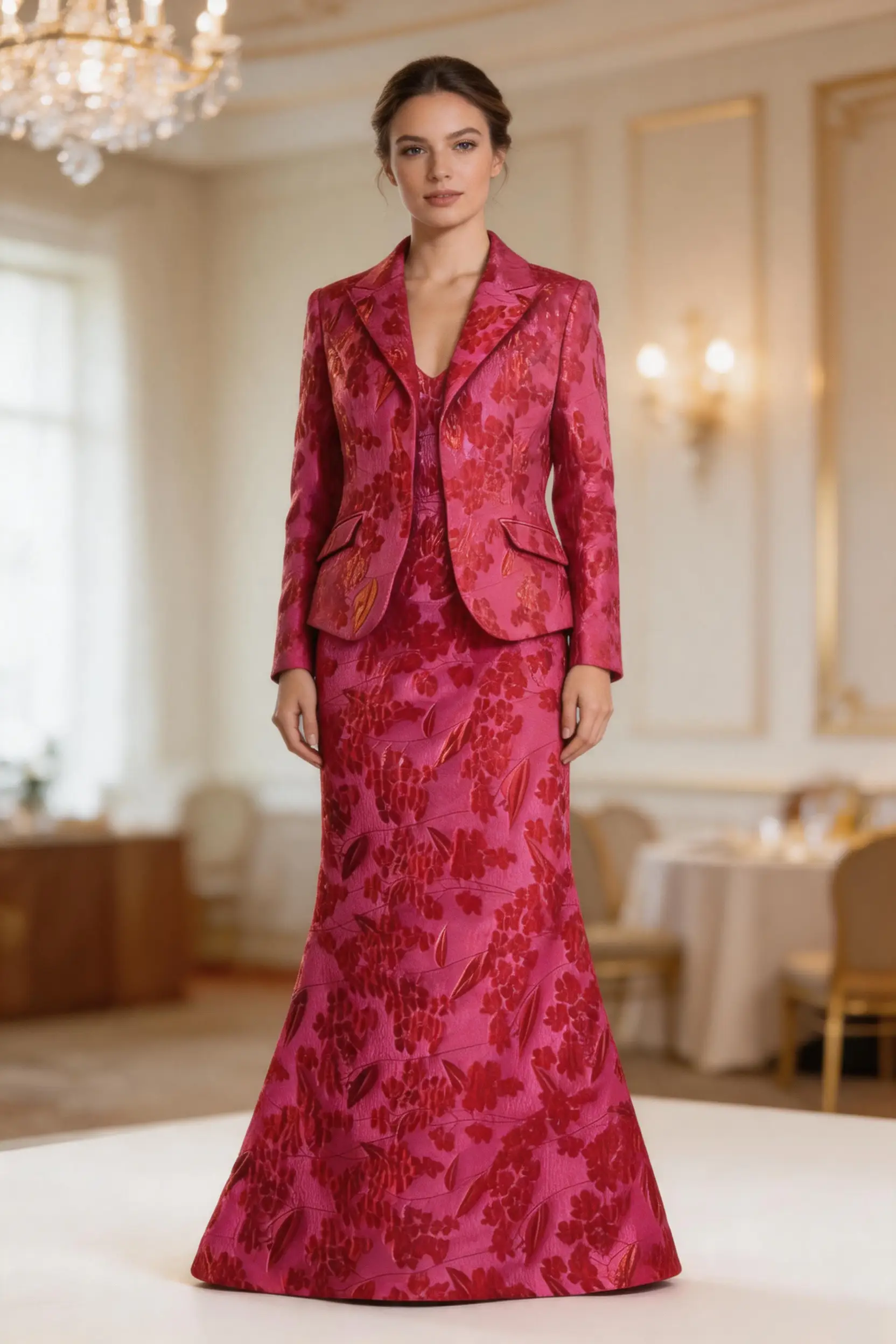 Elegant Blue Floral Jacquard Skirt Suit for Mother of the Bride by tangjianjun