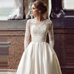 Pleat Satin Wedding Dresses 2023 Lace Appliques Sweep Train Long Sleeve Neck Formal Occasion Bridal dress robe de mariée by payinti