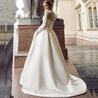 Pleat Satin Wedding Dresses 2023 Lace Appliques Sweep Train Long Sleeve Neck Formal Occasion Bridal dress robe de mariée by payinti