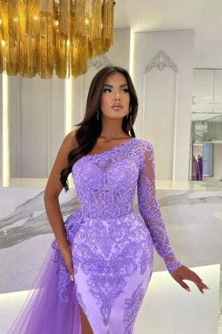 One Shoulder Column Long Sleeve Split Front Tulle Floor-Length Prom Dresses with Lace