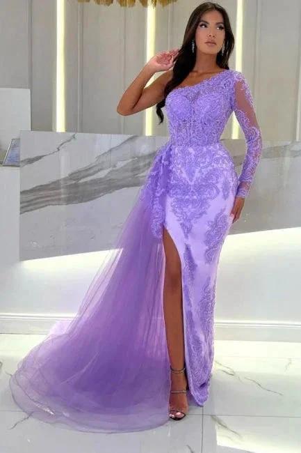 One Shoulder Column Long Sleeve Split Front Tulle Floor-Length Prom Dresses with Lace by misshow.com
