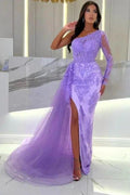 One Shoulder Column Long Sleeve Split Front Tulle Floor-Length Prom Dresses with Lace by misshow.com