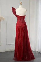 One Shoulder Wine Red High Split Evening Dress with Beadings by misshow.com