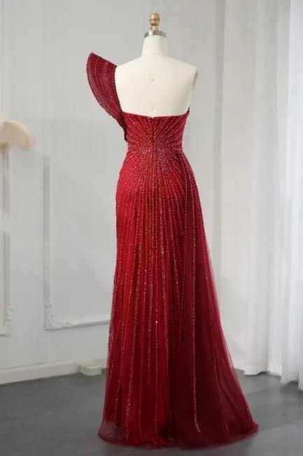 One Shoulder Wine Red High Split Evening Dress with Beadings by misshow.com