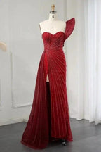 One Shoulder Wine Red High Split Evening Dress with Beadings by misshow.com