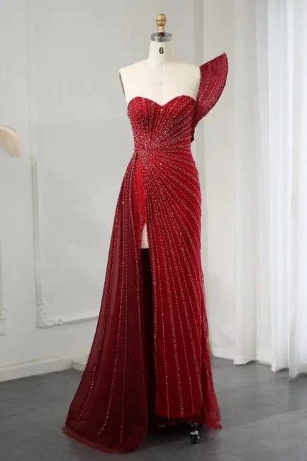 One Shoulder Wine Red High Split Evening Dress with Beadings by misshow.com