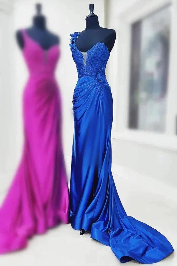 One-Shoulder 3D Floral Lace Pleated Red Prom Gown with Slit PSK496 by pgmdress