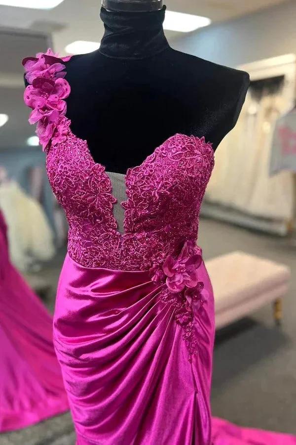 One-Shoulder 3D Floral Lace Pleated Red Prom Gown with Slit PSK496 by pgmdress