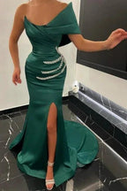 One shoulder Emerald green front split Prom Dress with beads by misshow.com