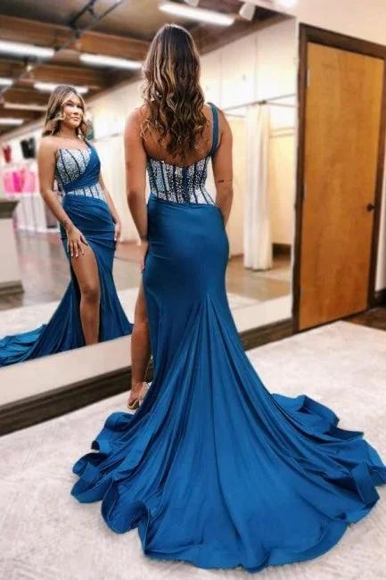 One shoulder Ocean blue Silver beaded Prom Dress by misshow.com