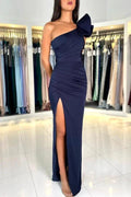Dark Navy One Shoulder Mermaid Chiffon Long Prom Dress With Split by BIZTUNNEL
