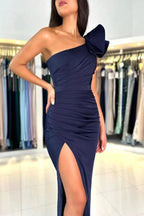 Dark Navy One Shoulder Mermaid Chiffon Long Prom Dress With Split by BIZTUNNEL