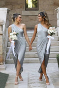 One Shoulder Asymmetrical Silver Bridesmaid Dress BD119 by pgmdress