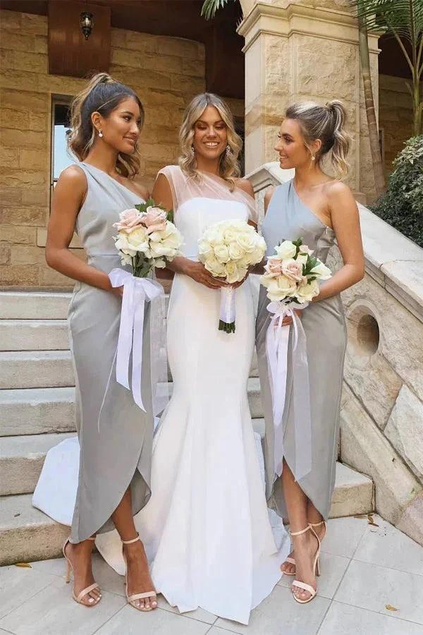 One Shoulder Asymmetrical Silver Bridesmaid Dress BD119 by pgmdress