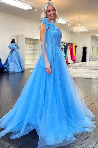 Vestido de fiesta largo de encaje azul con un solo hombro y abertura PSK537
