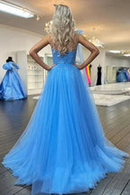 One Shoulder Blue Lace Long Prom Dresses with Slit PSK537