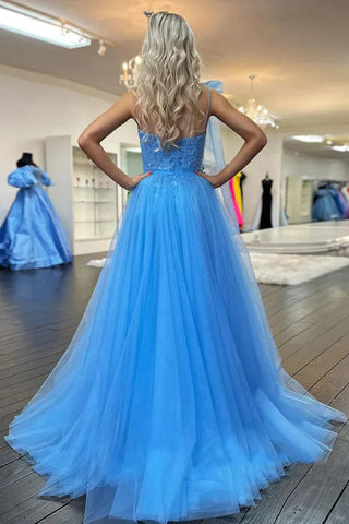 Vestido de fiesta largo de encaje azul con un solo hombro y abertura PSK537