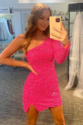 Long Sleeve Sequined Hot Pink Homecoming Dress SYH18 by vivymakudress