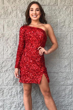 Long Sleeve Sequined Hot Pink Homecoming Dress SYH18 by vivymakudress