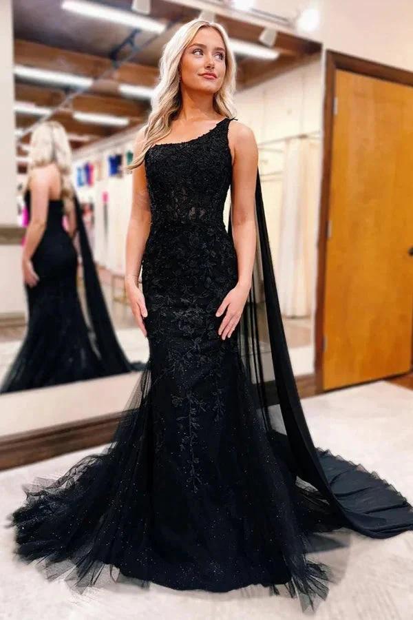 One Shoulder Mermaid Lace Black Prom Dress Formal Gown PSK567 by pgmdress