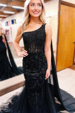 Vestido de fiesta negro de encaje estilo sirena con un solo hombro, vestido formal PSK567