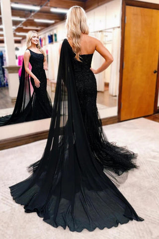 Vestido de fiesta negro de encaje estilo sirena con un solo hombro, vestido formal PSK567