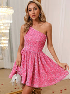 Pink One Shoulder Sequin Homecoming Dress SYH93 by vivymakudress