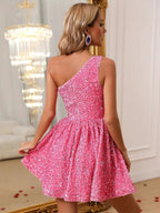 Pink One Shoulder Sequin Homecoming Dress SYH93 by vivymakudress