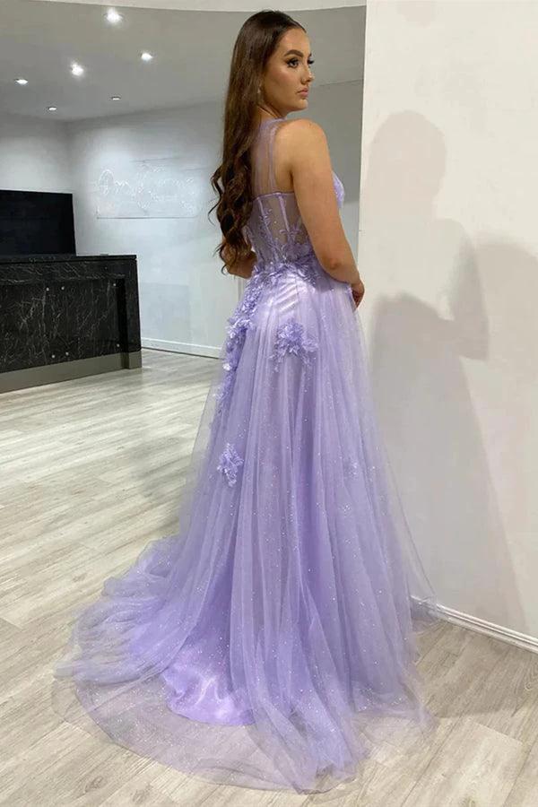One Shoulder Purple Blue Lace Split Prom Dresses Evening Dresses PSK426 by pgmdress