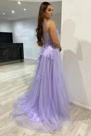 Vestidos de fiesta con abertura y un solo hombro, de encaje morado y azul, vestidos de noche PSK426