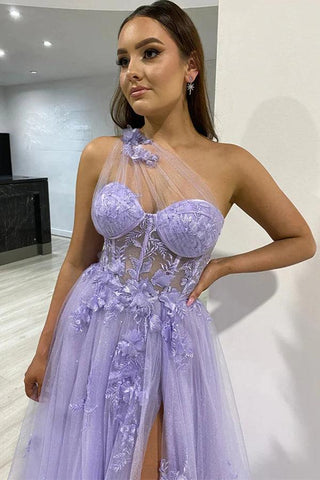 Vestidos de fiesta con abertura y un solo hombro, de encaje morado y azul, vestidos de noche PSK426