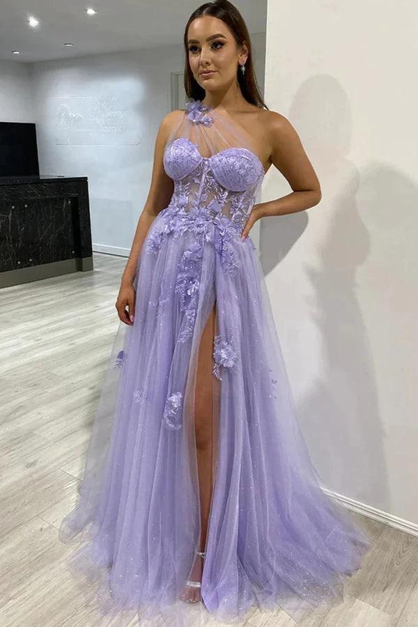 One Shoulder Purple Blue Lace Split Prom Dresses Evening Dresses PSK426 by pgmdress