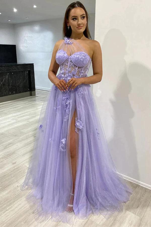 One Shoulder Purple Blue Lace Split Prom Dresses Evening Dresses PSK426 by pgmdress