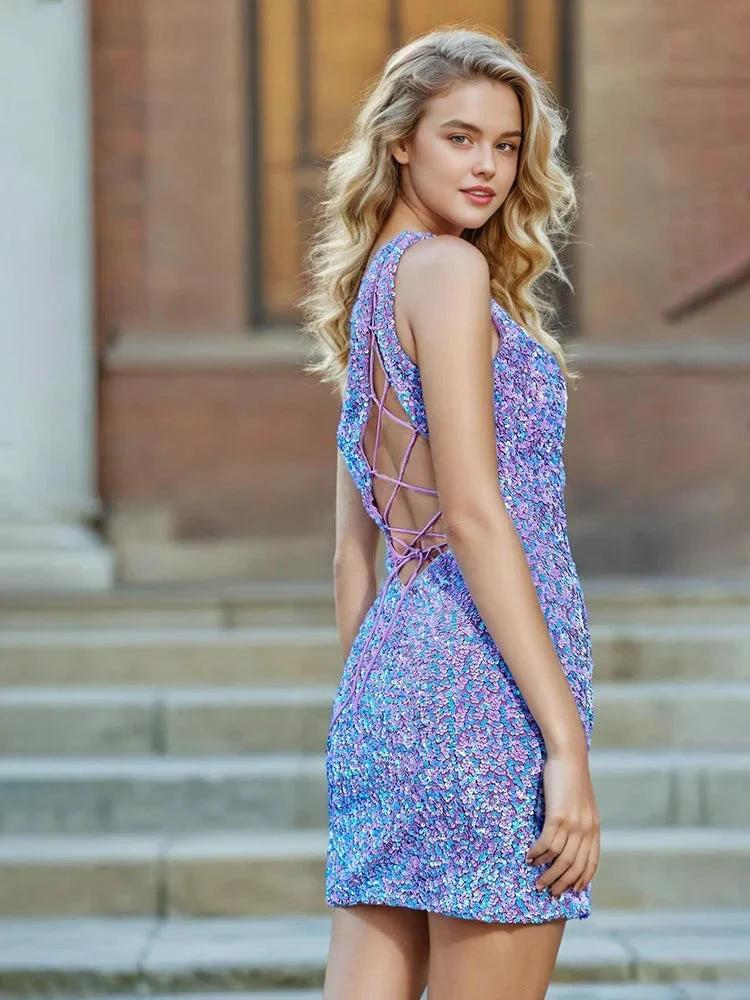 One Shoulder Sleeveless Sequin Homecoming Dresses by Cicinia