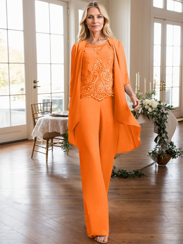 Separates Jumpsuit/Pantsuit Scoop Floor-Length Chiffon Lace Mother of the Bride Dress With Beading Sequins
