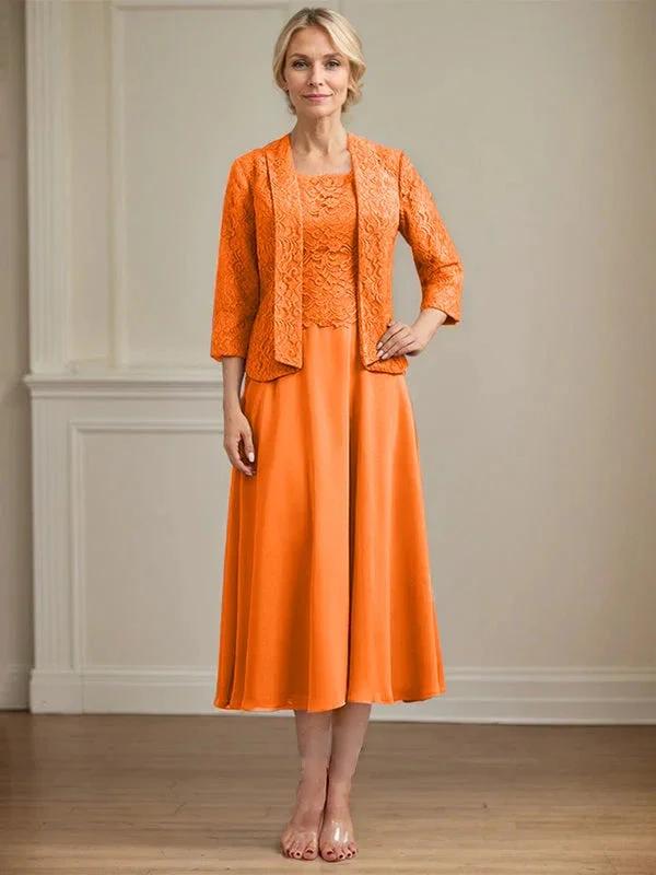 A-line Scoop Tea-Length Lace Chiffon Mother of the Bride Dress by Dreamylily