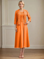 A-line Scoop Tea-Length Lace Chiffon Mother of the Bride Dress by Dreamylily