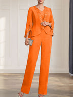 Separates Jumpsuit/Pantsuit V-Neck Floor-Length Chiffon Mother of the Bride Dress