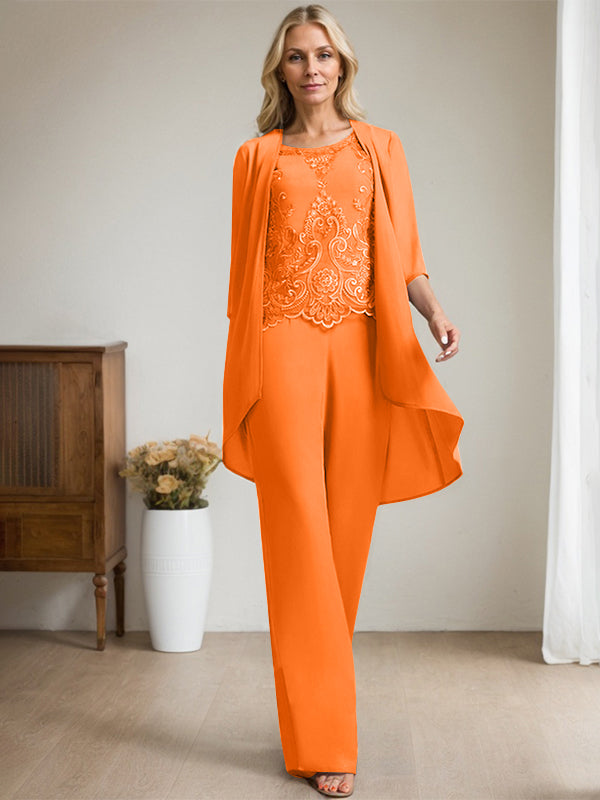 Separates Jumpsuit/Pantsuit Scoop Floor-Length Chiffon Lace Mother of the Bride Dress With Beading Sequins