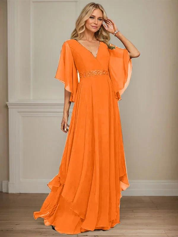 A-line V-Neck Floor-Length Chiffon Mother of the Bride Dress With Sequins Appliques Lace Beading by Dreamylily