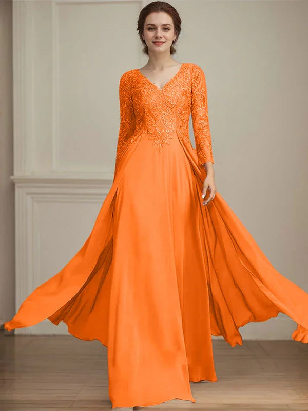 A-line V-Neck Floor-Length Lace Chiffon Mother of the Bride Dress With Sequins by Dreamylily