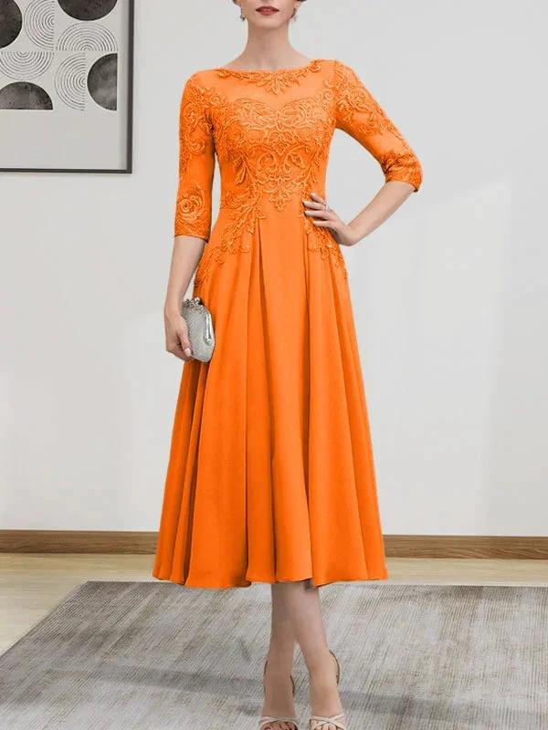A-line Scoop Illusion Tea-Length Chiffon Lace Mother of the Bride Dress With Beading Sequins by Dreamylily