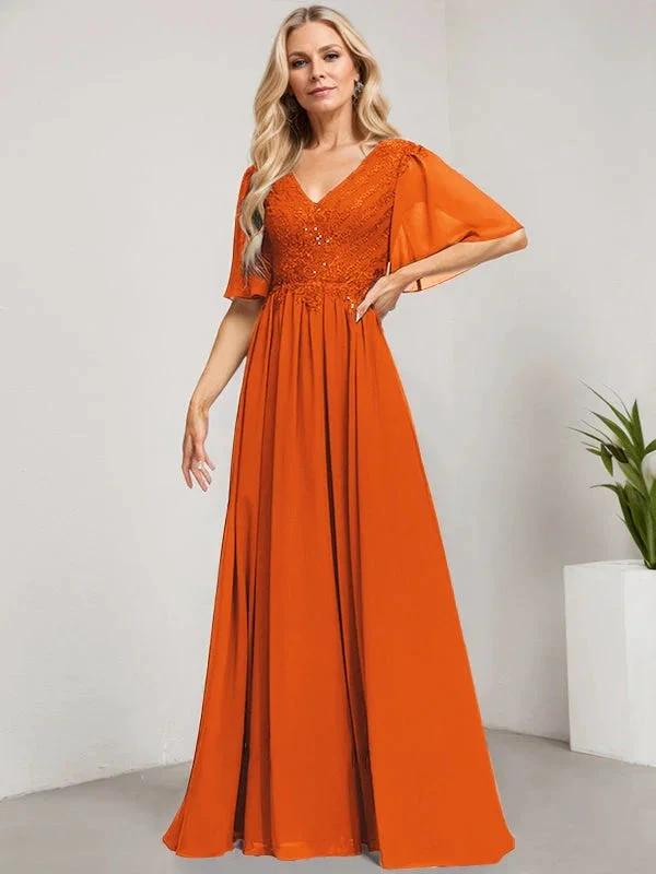 A-line V-Neck Floor-Length Lace Chiffon Mother of the Bride Dress With Sequins by Dreamylily