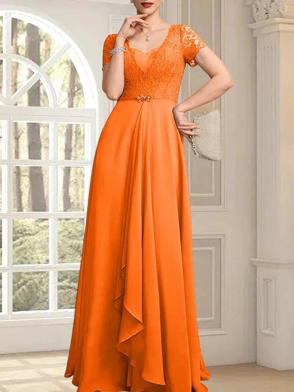 A-line Sweetheart Floor-Length Chiffon Lace Mother of the Bride Dress With Beading Cascading Ruffles by Dreamylily
