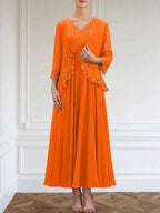 A-line V-Neck Ankle-Length Chiffon Mother of the Bride Dress With Sequins Appliques Lace Beading by Dreamylily