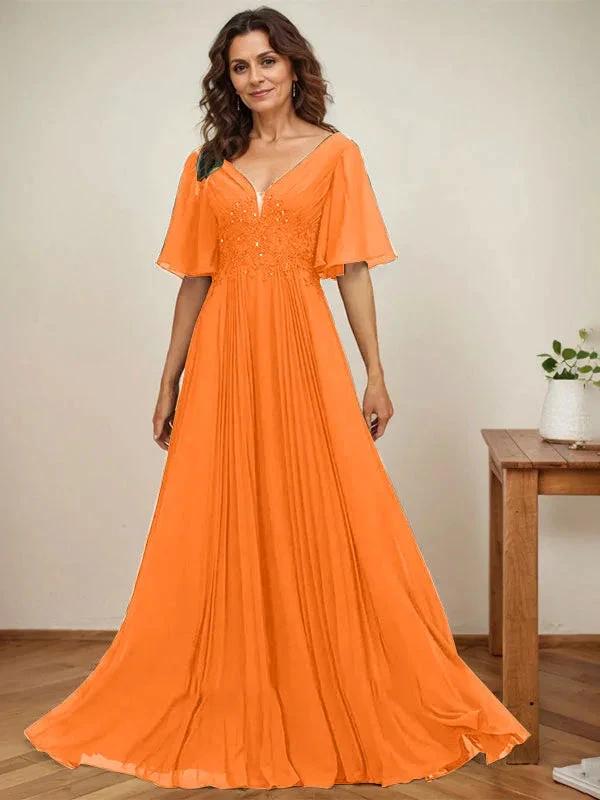 A-line V-Neck Floor-Length Chiffon Mother of the Bride Dress With Sequins Appliques Lace Pleated by Dreamylily
