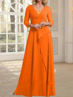 A-line V-Neck Floor-Length Chiffon Mother of the Bride Dress With Pleated Beading by Dreamylily