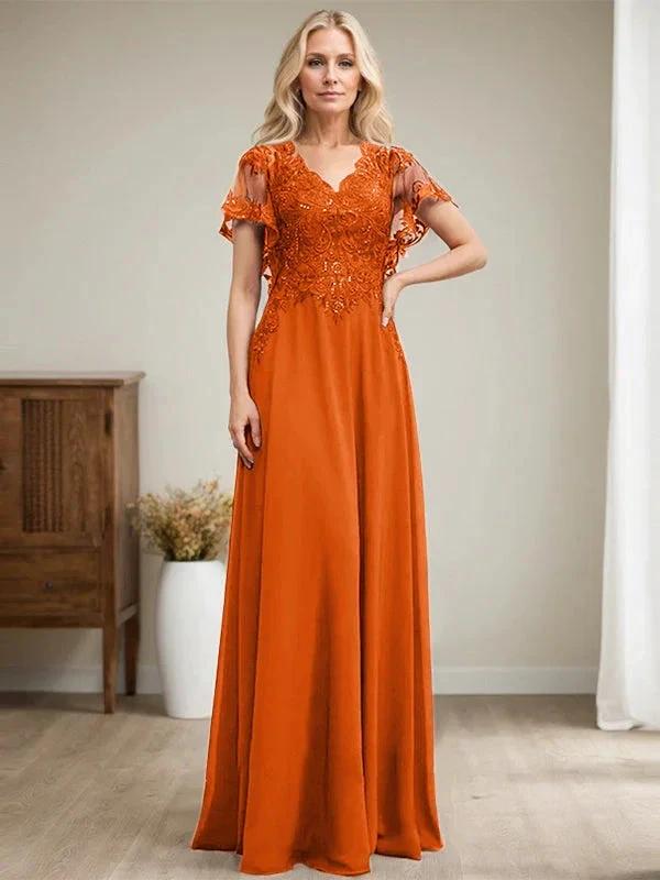 A-line V-Neck Floor-Length Lace Chiffon Mother of the Bride Dress With Sequins by Dreamylily